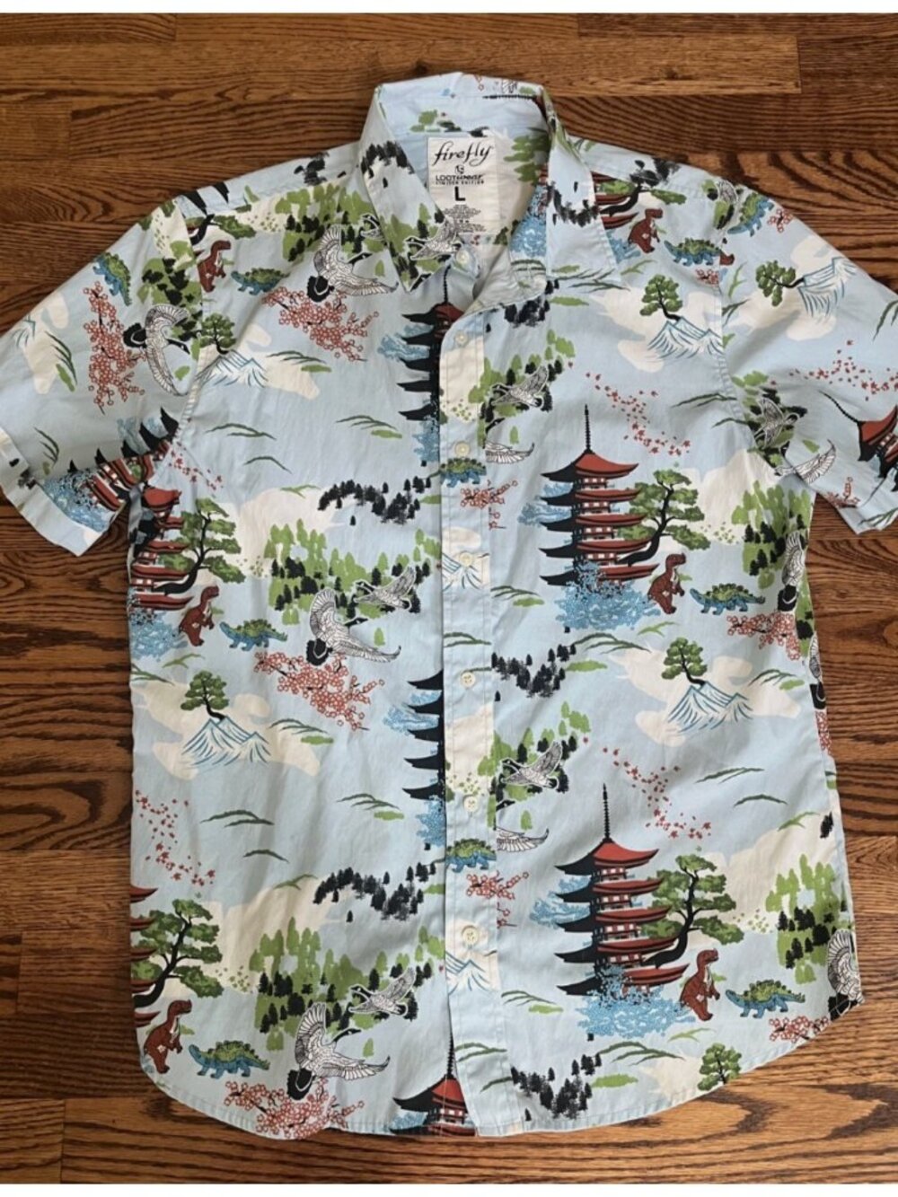 Firefly Loot Wear Short Sleeve Shirt Mens Large Blue Hawaiian Dinosaur Button up